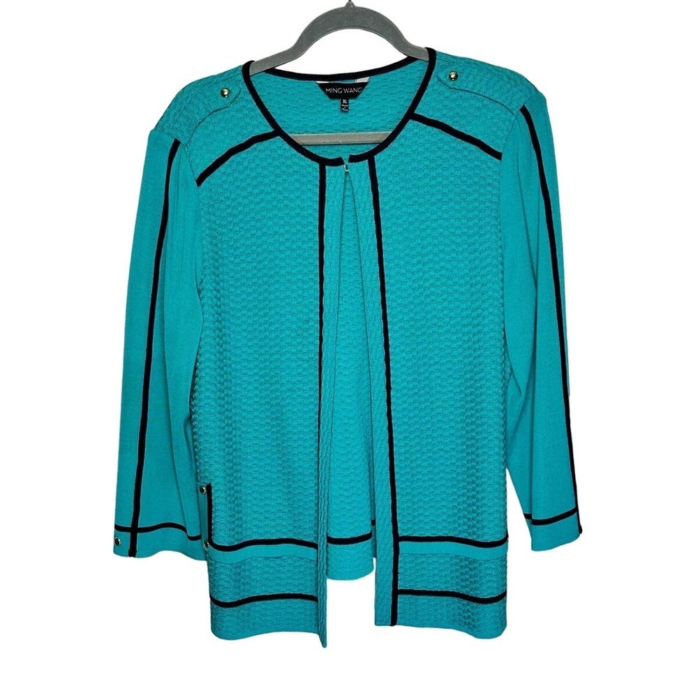 Ming Wang Long Sleeve Acrylic Knit Cardigan Sweater Tiffany Blue Black Women XL